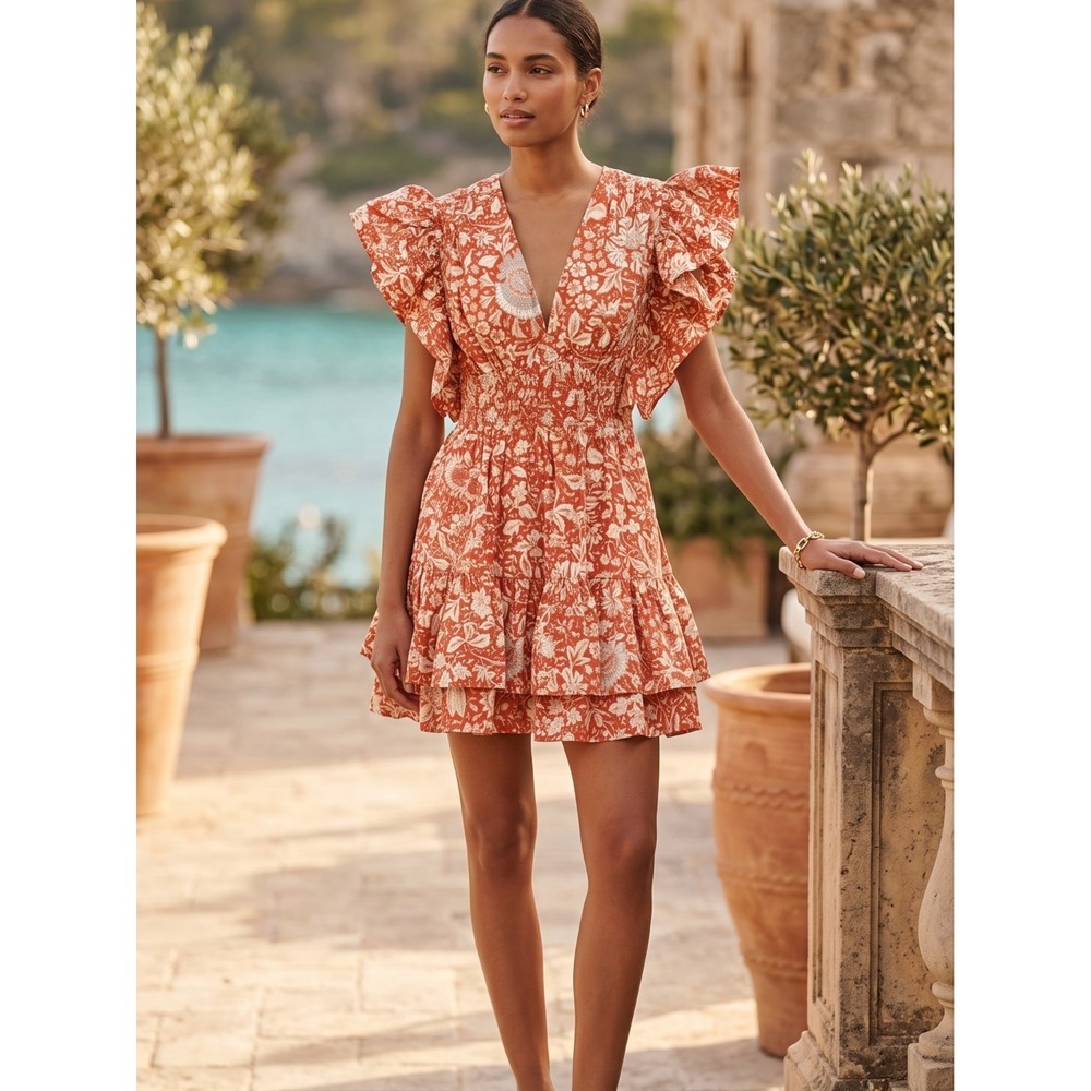 Ulla Johnson Kiri Floral Ruffle Cotton Poplin Mini Dress Orange Blossom 0 $470